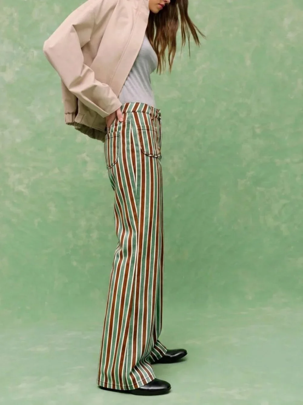 Green & Brown Striped Flare Denim Jeans with Front Pockets